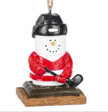 Snowman hockey player ornament with helmet, red jersey, and skates on a white background