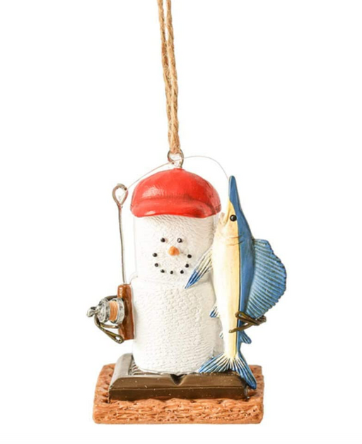 Decorative ornament of a snowman with a fish and fishing gear on a white background