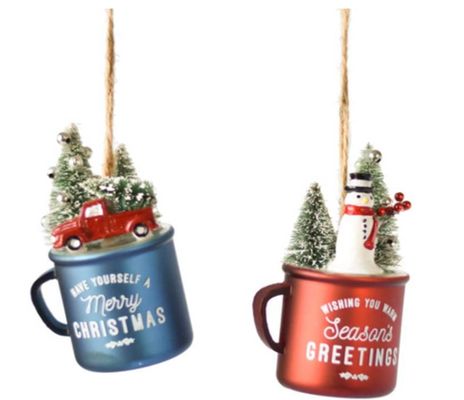 Two Christmas-themed mugs with decorative trees and snowman on a white background