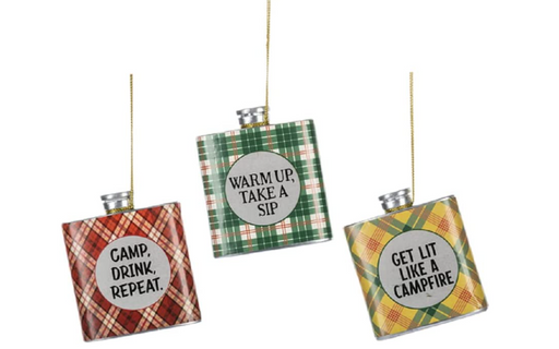 Three small flasks with plaid patterns and humorous text on a white background