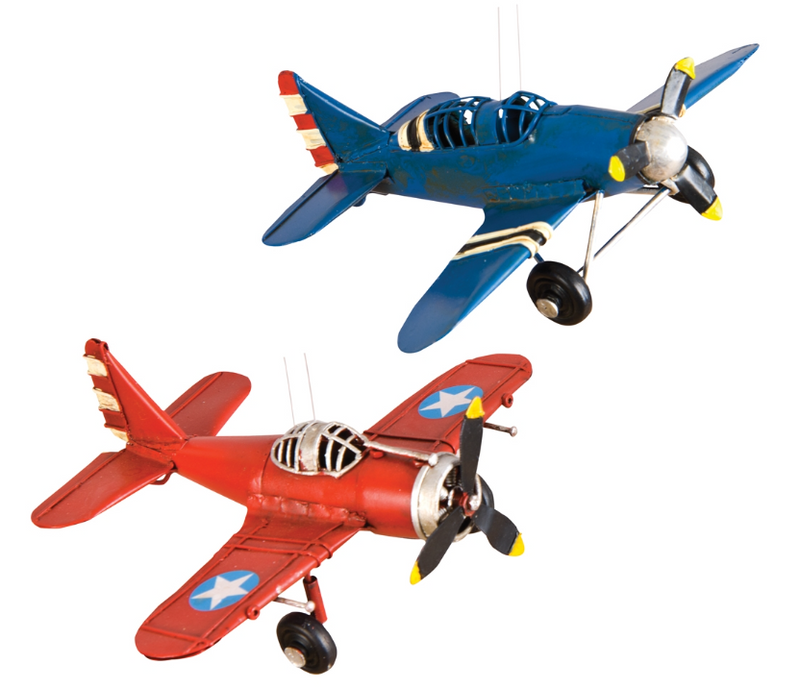 Two model airplanes, one red and one blue, on a white background