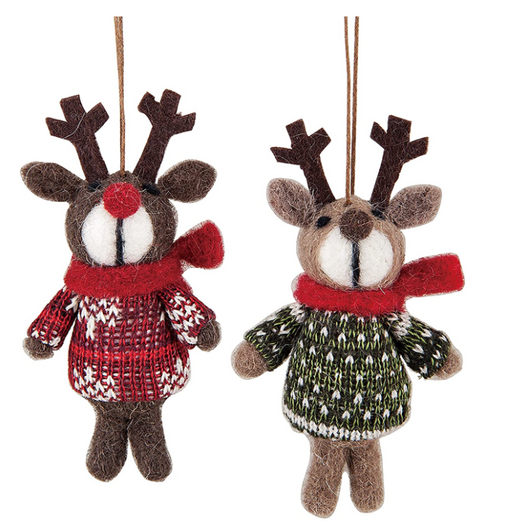 Two felt reindeer ornaments with knitted sweaters on a white background