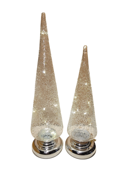 Two glittery cone-shaped decorative items on a white background