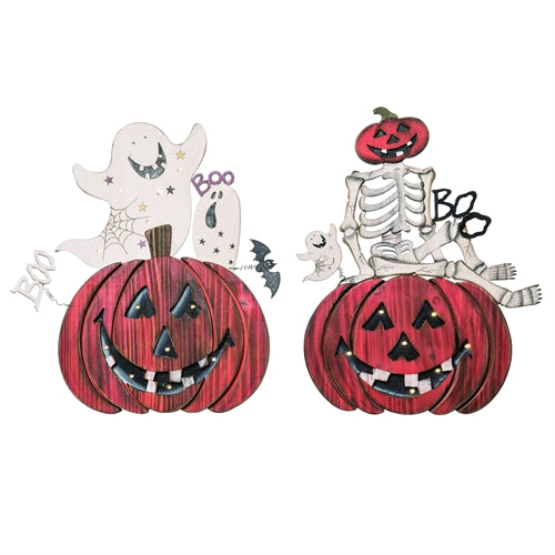 Two red jack-o'-lanterns with ghost and skeleton decorations on a white background
