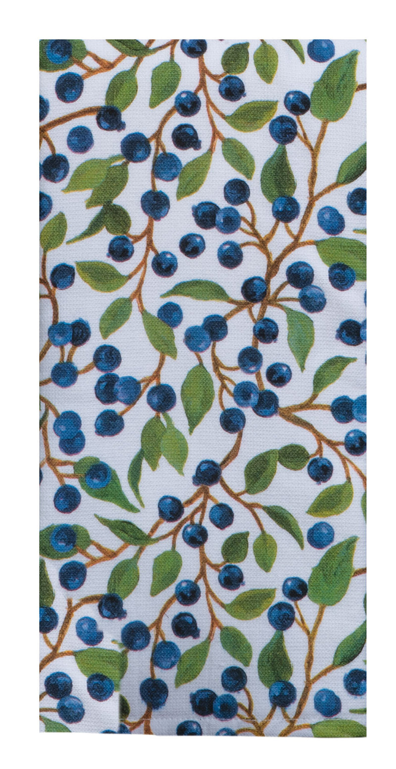 A multicolored kitchen towel with a blueberries pattern, featuring a flat weave front and a terry cloth back.