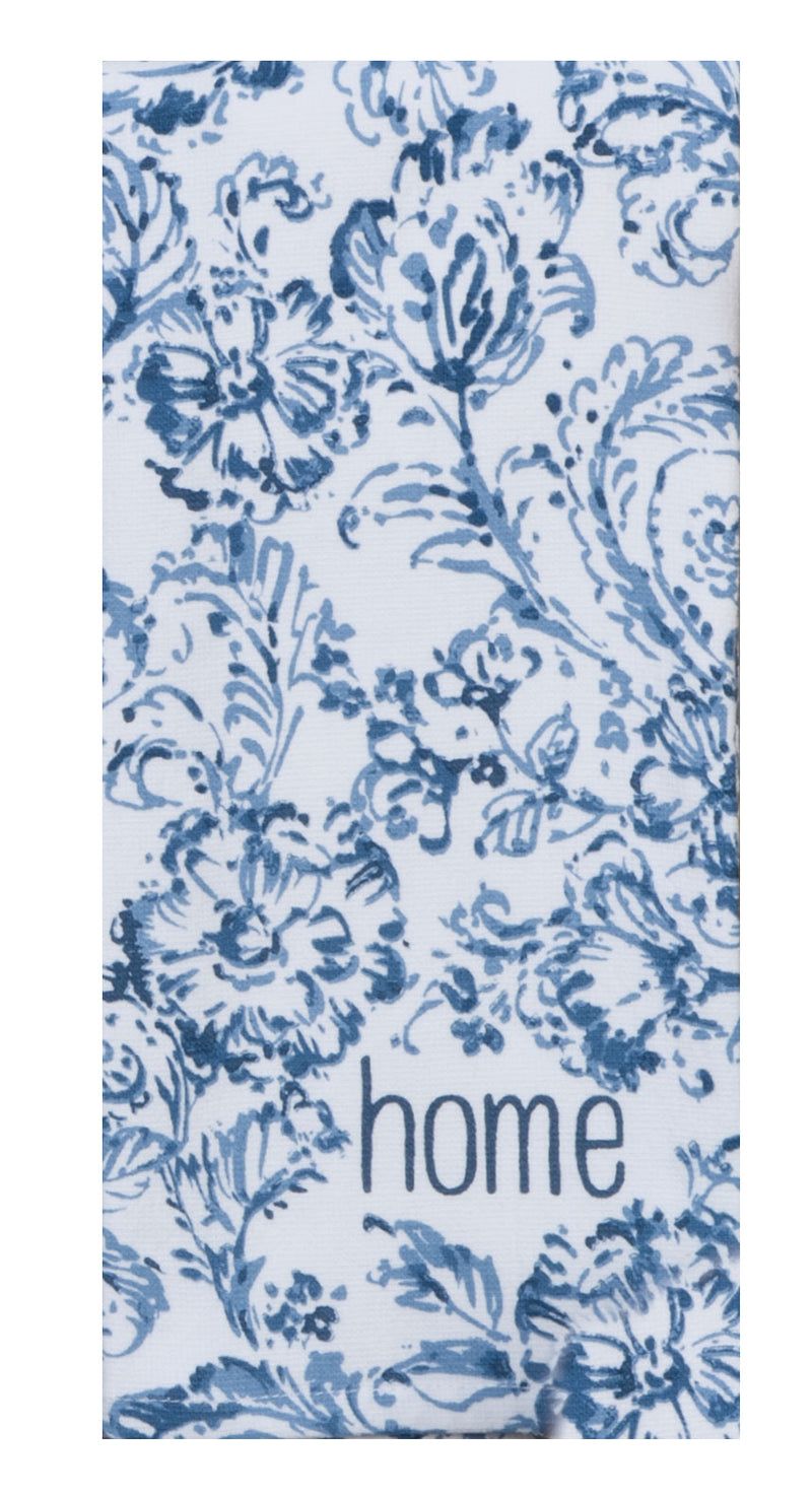 Floral patterned towel with 'home' text on a white background