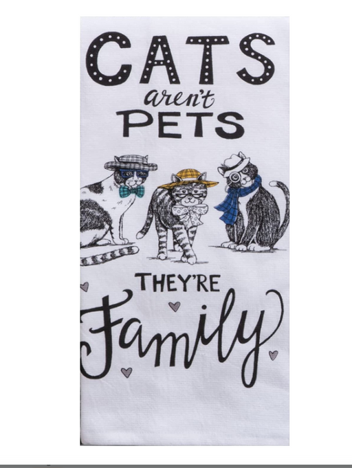 Towel with cartoon cats and text 'Cats aren't pets, they're family' on a white background