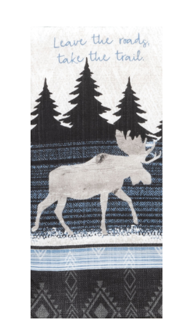 Decorative towel with moose and forest design, featuring text 'Leave the roads, take the trail'.
