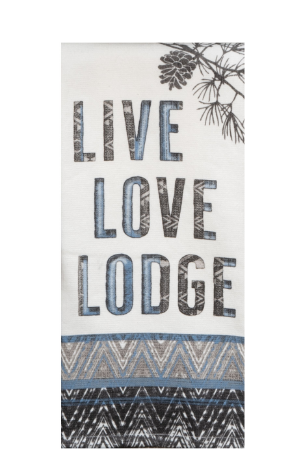 Textile with 'Live Love Lodge' print and decorative elements on a white background
