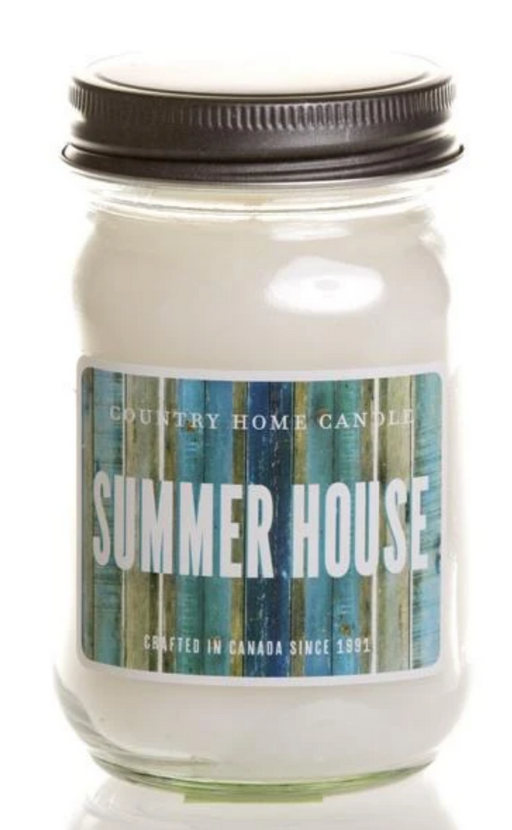 Jar candle labeled 'Summer House' with a striped design on a white background