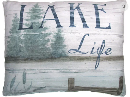 Pillow with 'Lake Life' text and lake scene design