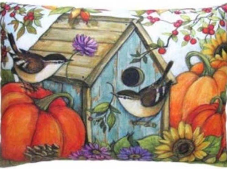 Birdhouse and Pumpkins Pillow