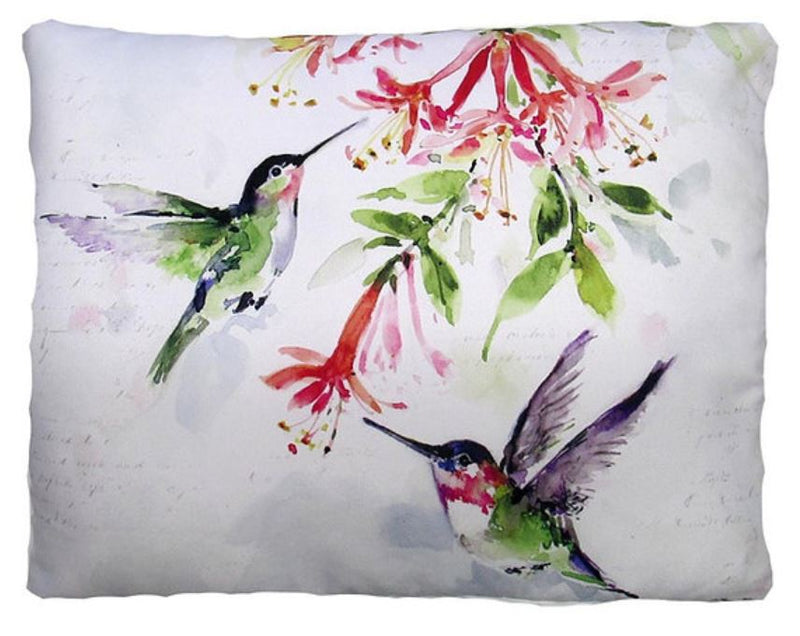 A decorative pillow featuring a watercolor painting of two hummingbirds with flowers.