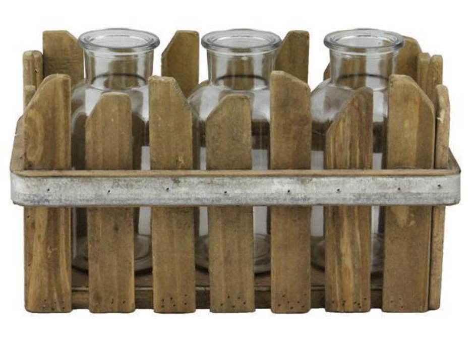 Wood Slat Tray w. 3 Glass Bottles