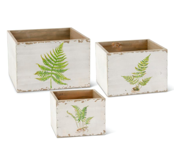 WHITE WOOD NESTING BOXES W/FERN DECALS - Set of 3