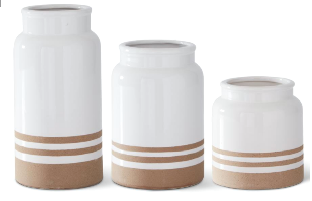 WHITE W/TAN STRIPES CERAMIC VASES - 3 Sizes