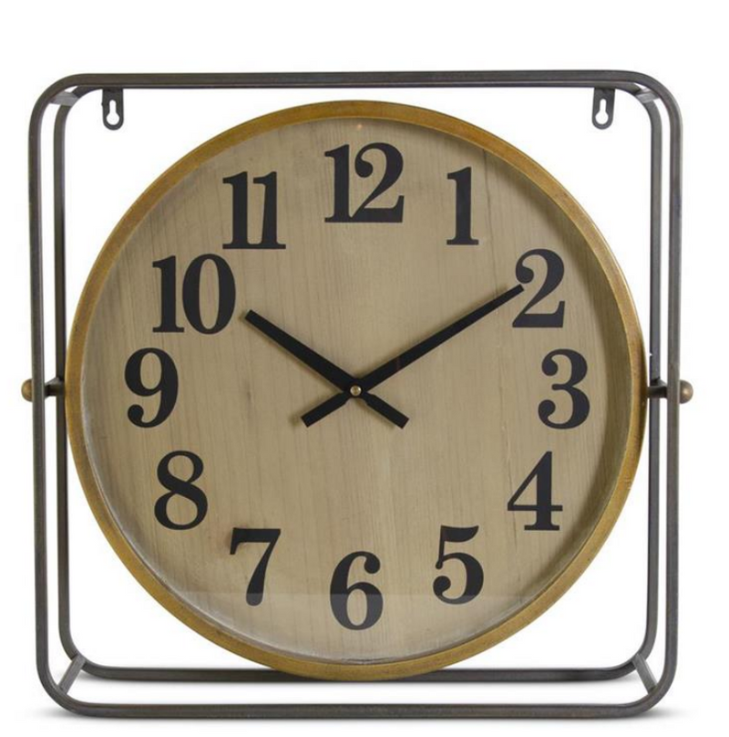 Square Black Metal Framed Round Wall Clock with Woodgrain Face