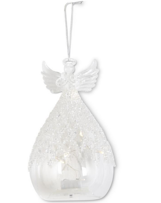 CLEAR GLASS LED ANGEL ORNAMENT W/LATTICE GLASS BEADS