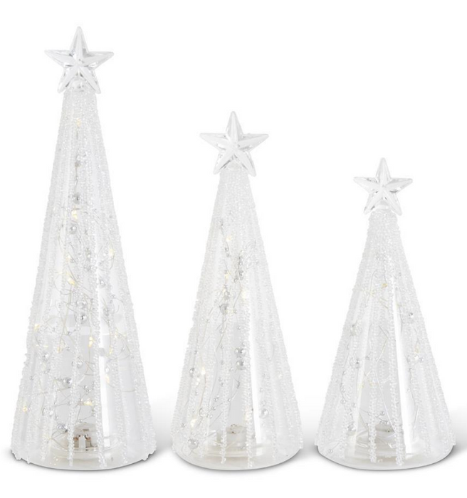 CLEAR GLASS LED TREES FILLED W/SILVER BEAD GARLAND- Set of 3