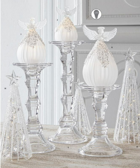 Clear Glass LED Trees Filled with Silver Bead Garland - Set of 3