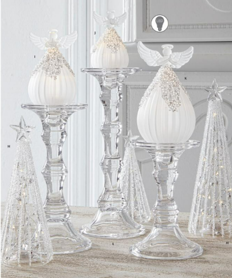 CLEAR GLASS LED TREES FILLED W/SILVER BEAD GARLAND- Set of 3
