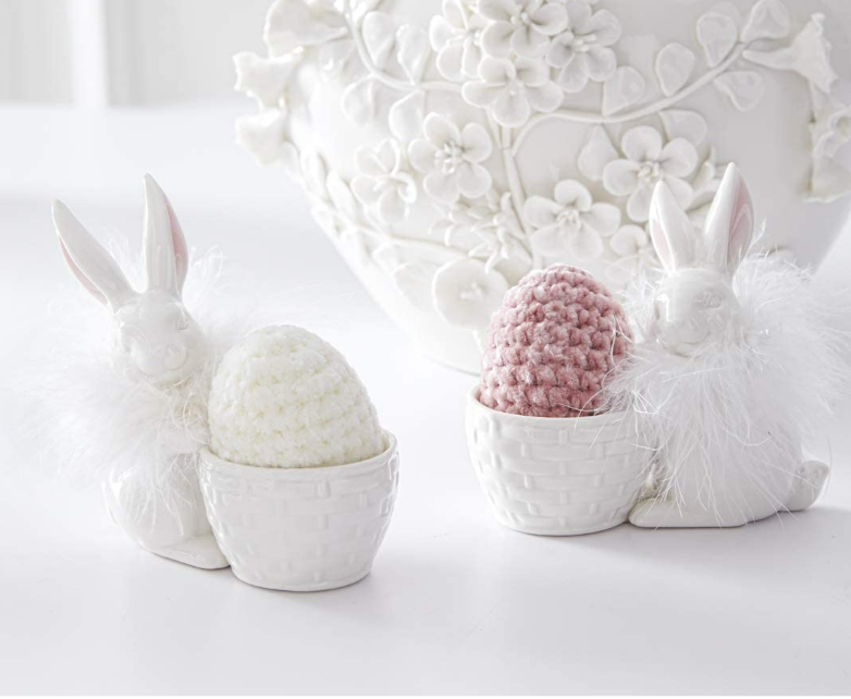 Assorted White Porcelain Egg Holders with Feathered Bunnies