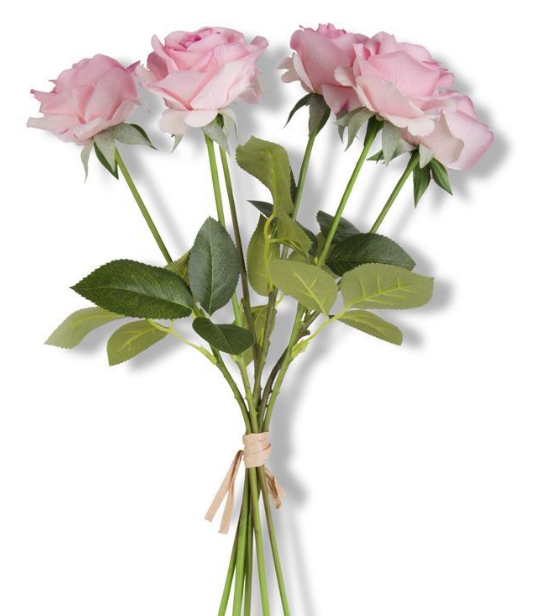PINK REAL TOUCH FULL BLOOM ROSE STEM W/FOLIAGE BUNDLE (6 STEMS) - 2 Colors