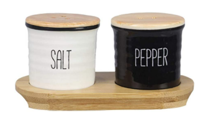 Ceramic Black and White Salt and Pepper Shaker with Bamboo Base