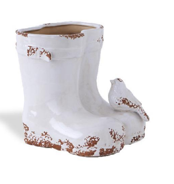 White Ceramic Weathered Garden Boots Vase W/Bird