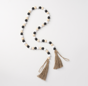 White, Natural, Black Wood Beaded Garland with Tassel - 2 Colors
