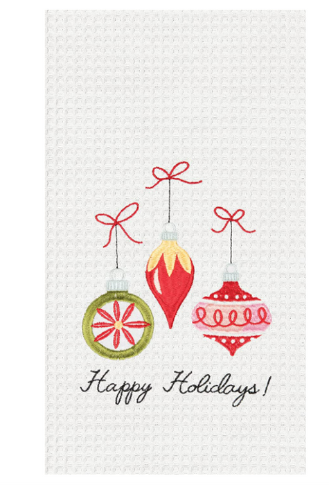 Happy Holidays Ornaments Embroidered & Waffle Weave Kitchen Towel