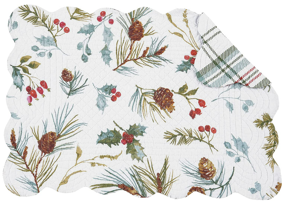 Edith Quilted Reversible Rectangle Placemat Winter Holly Botanical Watercolor - Set of 6