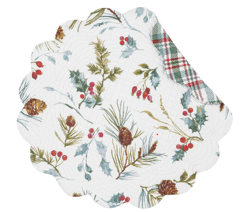 Edith Round Quilted Reversible Single Placemat Winter Holly Botanical Watercolor - Set of 4