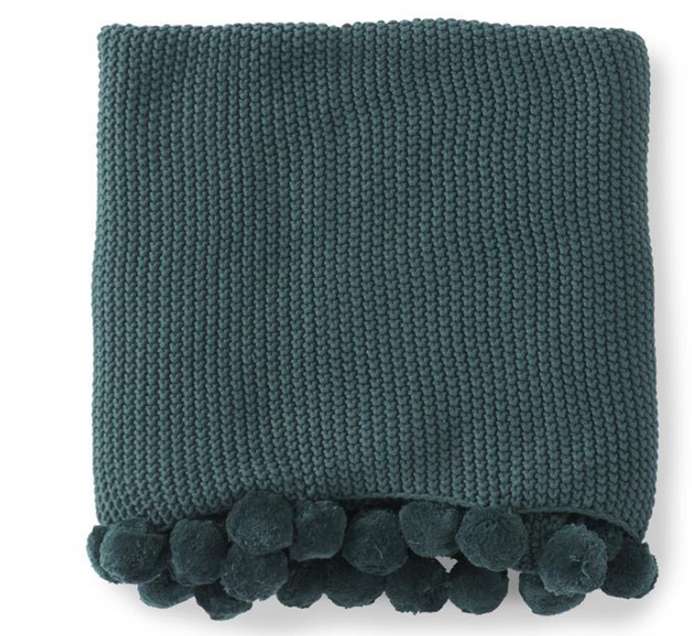 Green Stitch Knit Throw with Pompom Trim