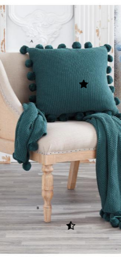 Green Stitch Knit Pillow with Pompom Trim