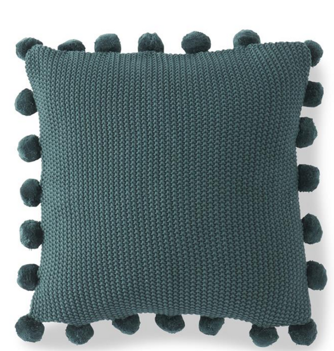 Green Stitch Knit Pillow with Pompom Trim