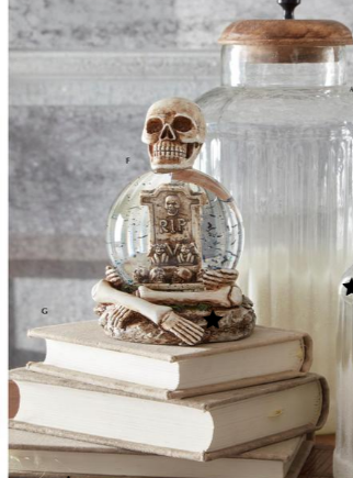 SKELETON WATER GLOBE W/TOMBSTONE & GLITTER BATS