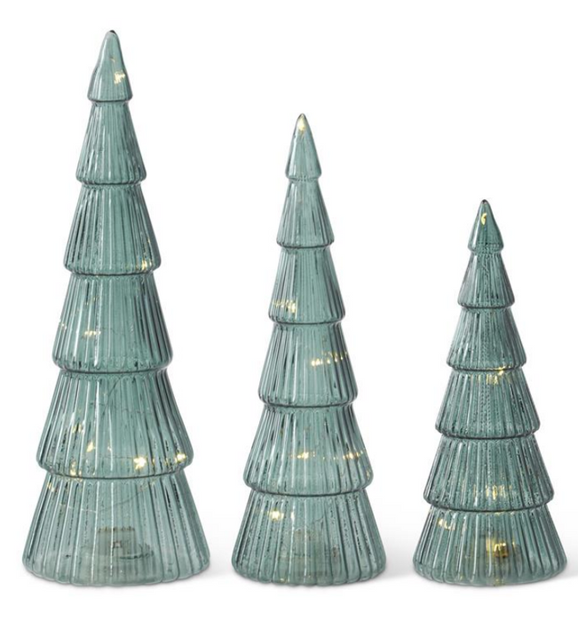 SAGE GREEN RIBBED GLASS LED CHRISTMAS TREES WITH TIMERS - Set of 3