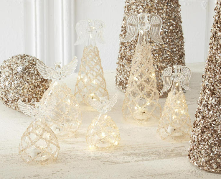 Clear Glass LED Angel with Gold Beads