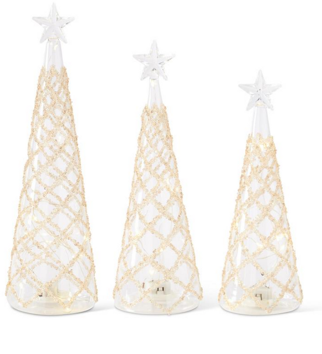 CLEAR GLASS LED TREES W/LATTICE GOLD BEADS- Set of 3