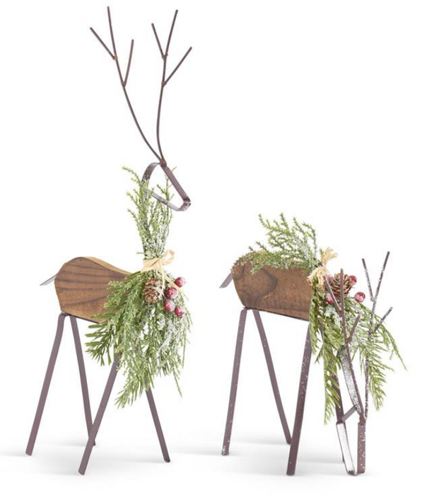 Glittered Wood & Brown Metal Deer with Pine - Set of 2