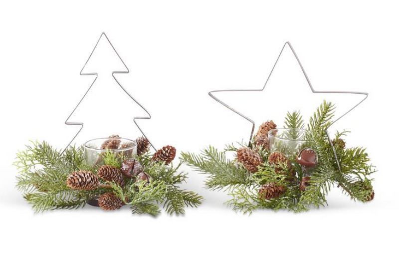 Glittered Brown Metal Cutout Votives W/Pine - 2 Styles