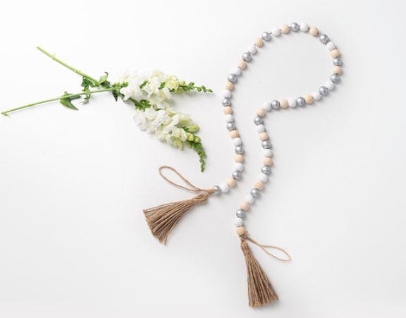 Silver, Natural, White Wood Beaded Garland with Tassel