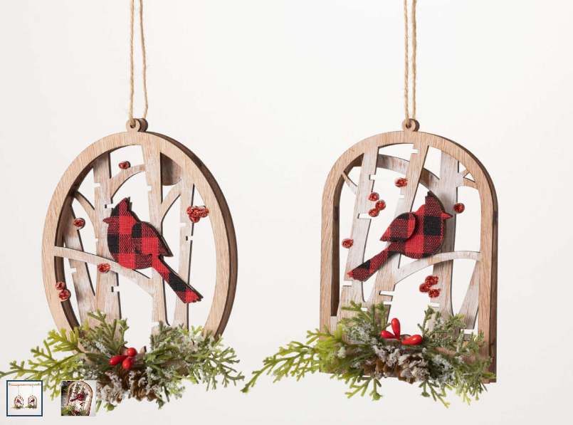 Plaid Cardinal Wood Ornaments - 2 Styles