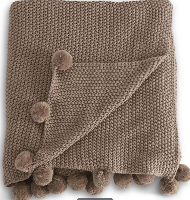 Brown Moss Stitch Knit Throw with Pompom Trim