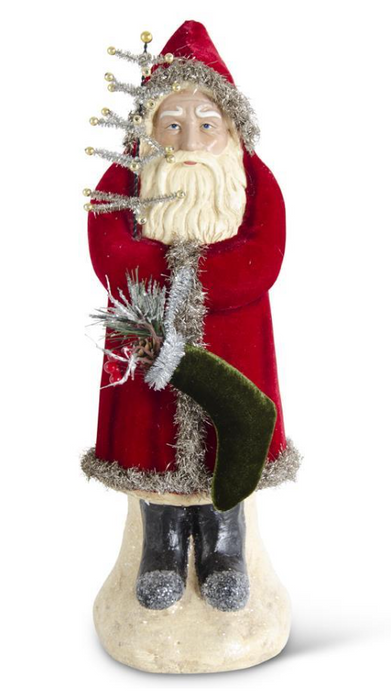 Santa W/Dark Red Coat Holding Tree & Stocking