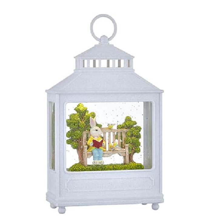 Bunny on Bench Reading a Book Lighted Water Lantern
