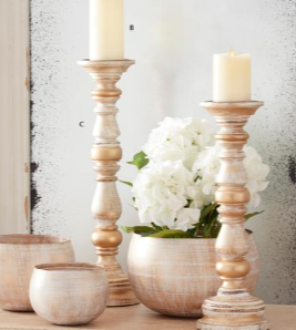 Gold Whitewashed Carved Wood Spindle Candle Holders
