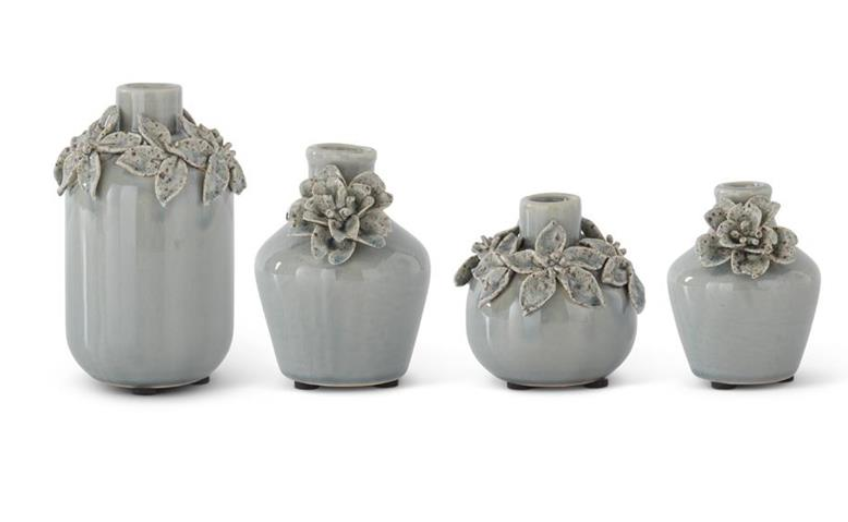 Light Blue Ceramic Vases W/ Raised Flowers - 4 Styles