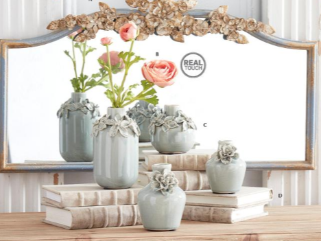 Light Blue Ceramic Vases W/ Raised Flowers - 4 Styles